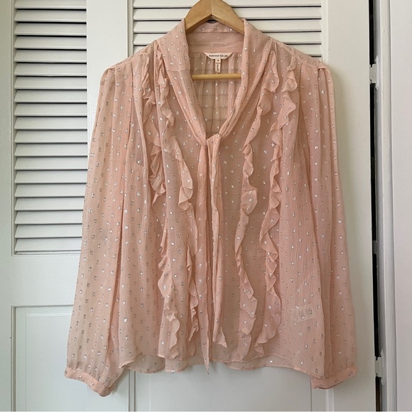 Rebecca Taylor x Revolve Metallic Dot Ruffle Blouse Long Sleeve | Pink | Size 10 - Picture 3 of 16